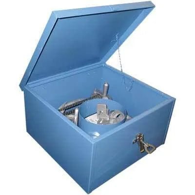 Blue Mathey 5SA Saddle Machine Storage Box 42x40x14 for welding, with open lid, compartments & secure chain—WeldingMart.