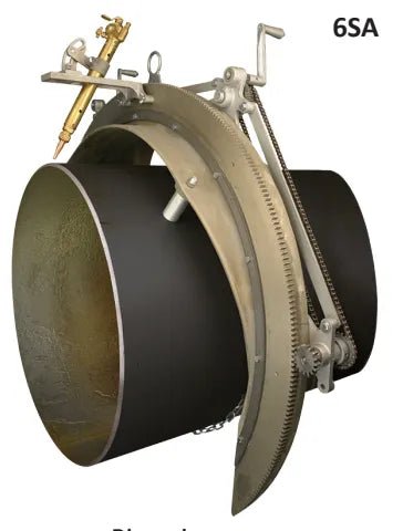 Mathey 6SA Saddle Machine 28–36in. clamped to pipe with gears, handle, and torch for precise welding and pipe beveling tasks.