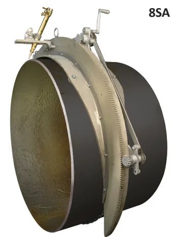 Mathey 8SA Saddle Machine 36-48in for welding, pipe cutting, beveling; durable metal frame, gears, torch arm, handles.