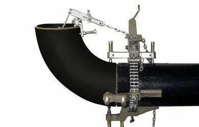Mathey Chain Clamp 4"-20" Double Screw D249 holds large pipe elbows securely for accurate welding and pipe cutting tasks.