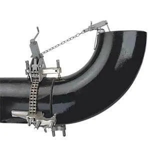Mathey Chain Clamp 6"-36" Double Screw D235 secures a large black pipe for precise welding cuts; top WeldingMart tool.