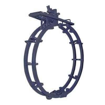 A large, circular Mathey Dearman Cage Clamp with multiple bolts and a lever mechanism on top, used for holding or aligning pipes—such as a 34 inch pipe—in place during welding or repairs.