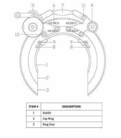 WeldingMart technical diagram of 8SA Saddle, Cap Ring, and Ring Gear—mechanical assembly parts 1–11, labeled for welding tools.