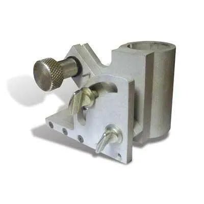 A silver metal mechanical component—ideal as a torch cutting accessory—with a cylindrical holder, adjustment knobs, and mounting holes, set against a plain white background.