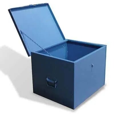 A large blue steel storage box with an open hinged lid, a chain to hold the lid upright, and handles on the sides. The interior of the shipping box is empty.