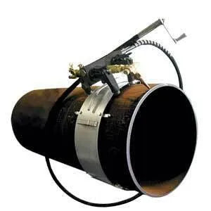 Mathey Manual Band Crawler 14' Flex Drive Cable for welding, pipe cutting, and beveling, clamps large pipes for precise rotation.