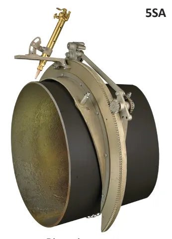 Mathey Plasma Speed Retrofit Kit 5SA 24–30in for welding, with gears and plasma torch mounted on pipe, 5SA label in corner.