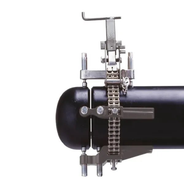Mathey Sturdi Pipe Chain Clamp 4"-20" D249-SC for welding; secures pipes with chain and bolts for precise alignment.