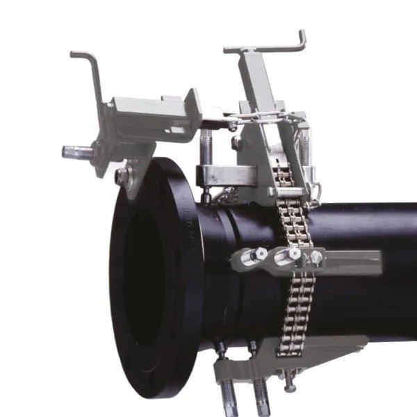 Mathey Sturdi Pipe Chain Clamp 4"-20" D249-SCSS aligning black pipe for welding; essential tool from WeldingMart.