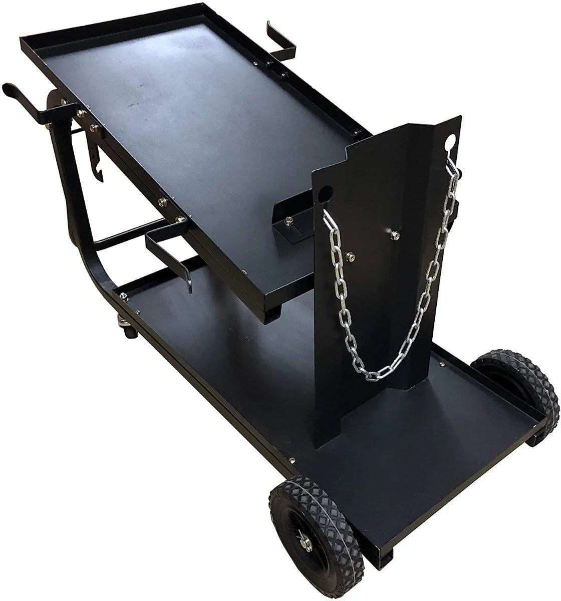 The Metal Man Universal Welding Cart With Fold Down Handle - UWC2XL features two shelves, an angled top shelf, a cylinder rack with chain, ample accessory storage, two large rear wheels, and two small front wheels for easy mobility.
