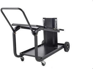The Metal Man Universal Welding Cart With Fold Down Handle (UWC2XL) is black, has two large rear wheels, two small front casters, a slanted top shelf for accessories, a fold-down handle, and a vertical cylinder rack with safety chains. White background.
