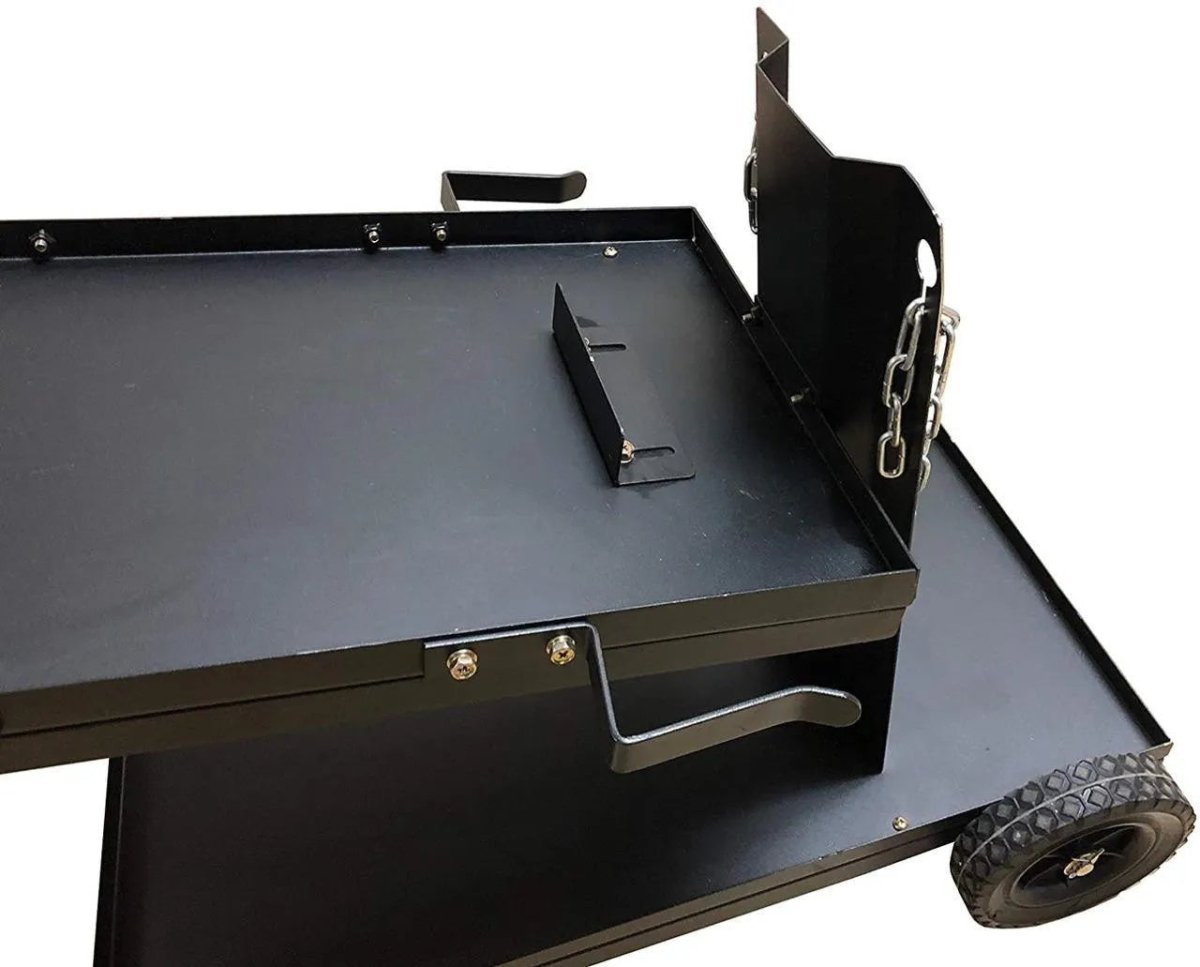 A close-up of the Metal Man Universal Welding Cart With Fold Down Handle - UWC2XL showcases its flat tray, sturdy handle, rugged wheels, chains for securing cylinders, and upright brackets—ideal for welding accessories storage with an industrial design.