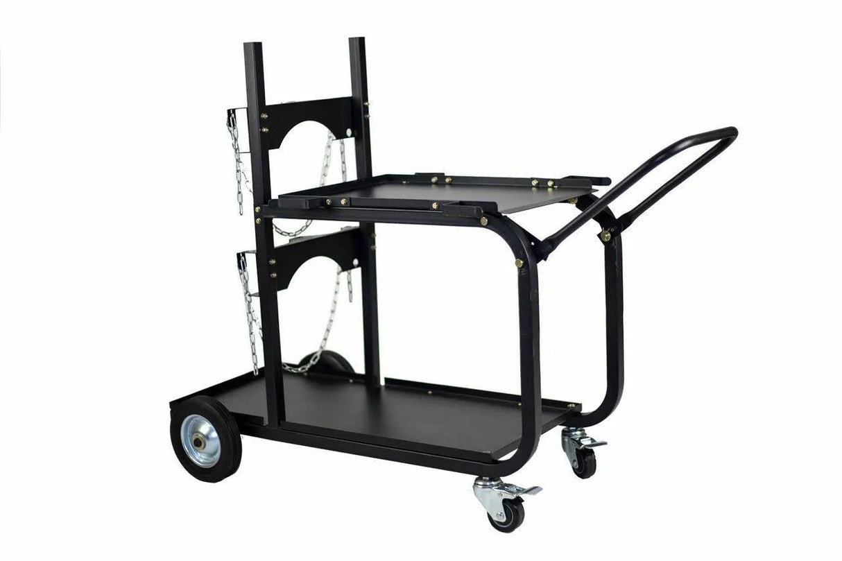 The Metal Man Universal Welding Cart With Fold Down Handle (UWC4) features two shelves, a foldable handle, two large fixed rear wheels, two front casters, and side chains for securing items. Shown against a white background.