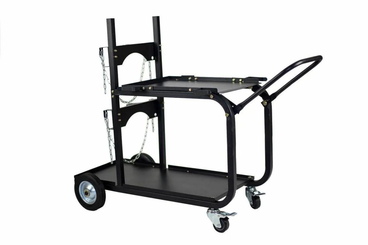 The Metal Man Universal Welding Cart With Fold Down Handle (UWC4) features two shelves, a foldable handle, two large fixed rear wheels, two front casters, and side chains for securing items. Shown against a white background.