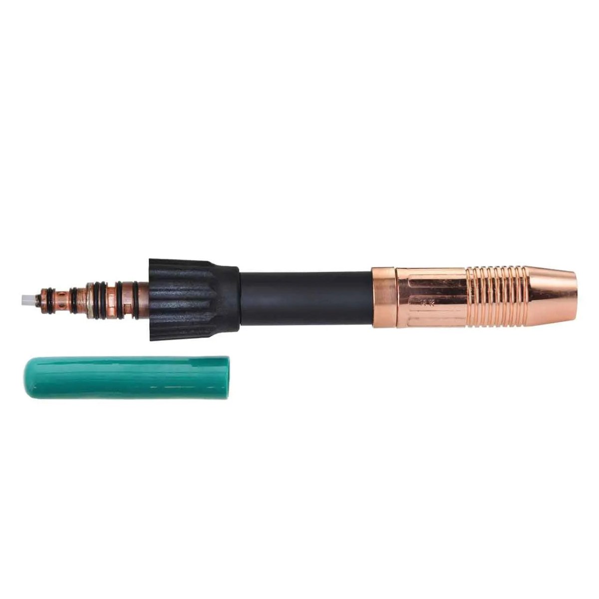 A close-up of the MK Products Straight EZ Lock Barrel Air Cooled - 003-2151, featuring a copper and black design with a green protective cap beside it, displayed on a white background.