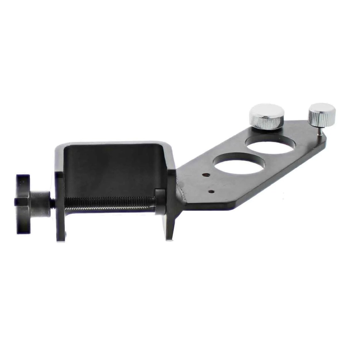The MK Products Weldhead Bench Mount 4000/5000-3 (005-0634) is a metal clamp with screw mechanism, two circular holes on an extended arm, and dual knurled knobs—ideal for securing equipment to tables or workbenches in industrial settings.