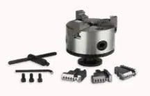 MK Products 3 Jaw Chuck Low Profile Turnable 005-0812 with key, spare jaws, and screws for professional welding equipment setup.