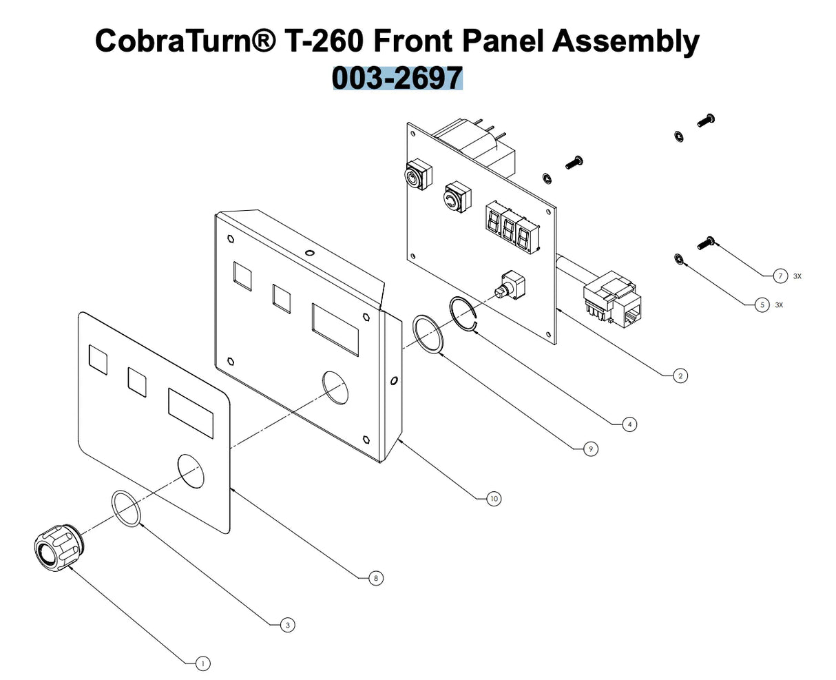 WeldingMart exploded diagram: Mk Products Cobraturn T-260 front panel 003-2697, labeled switches, connectors, wiring assembly.