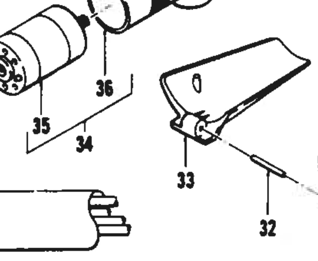 Black and white technical drawing showing labeled parts of a CB trigger assembly: 32 (a rod or pin), 33 (a blade or flat component), 34 (a group with parts 35 and 36), and 35 and 36 (cylindrical parts with wiring) for welding systems.