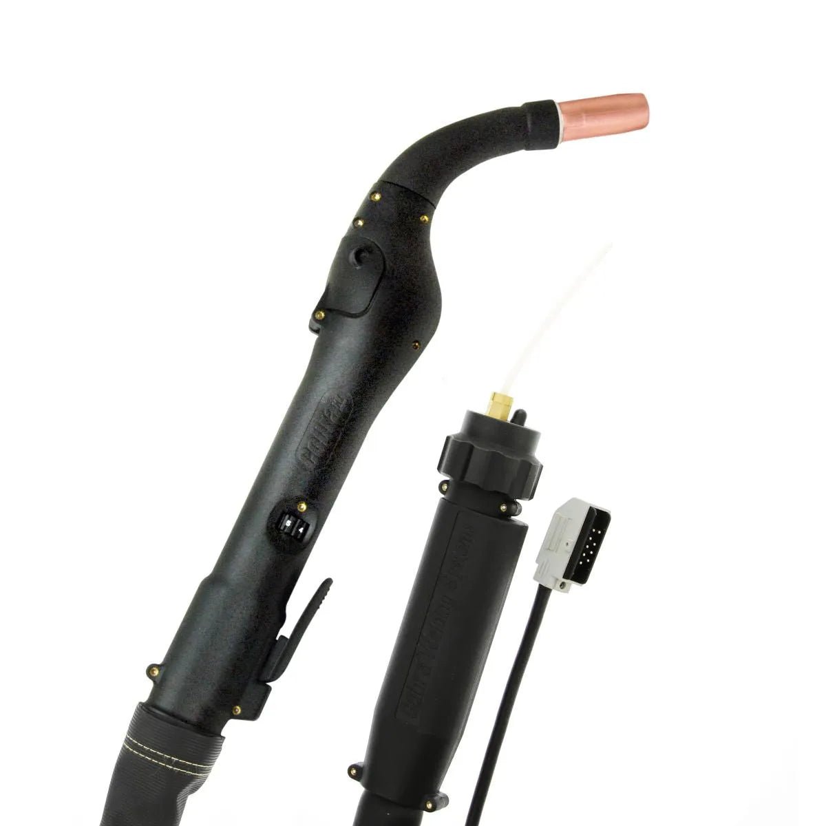 MK Products Cobra MX Fronius push-pull welding gun 15ft, water-cooled 225A 9-pin, copper nozzle, cable & module on white background.