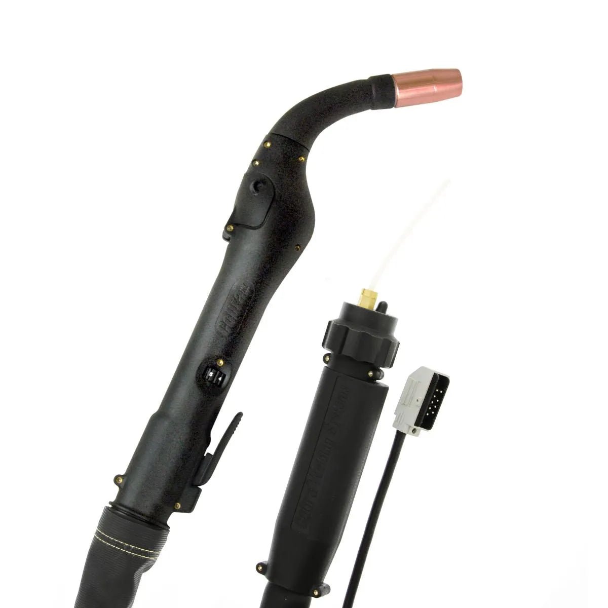 MK Products Cobra MX-HD Fronius 50ft Push-Pull Welding Gun, Air-Cooled 200A, 9-Pin, cable & copper nozzle, on white background.