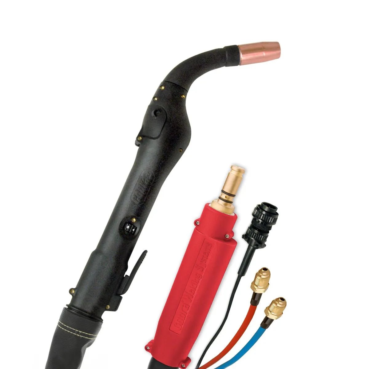 MK Cobra MX-HD 250A 15ft Water-Cooled Push-Pull Gun for Lincoln welders, copper nozzle, color hoses, connectors on white.
