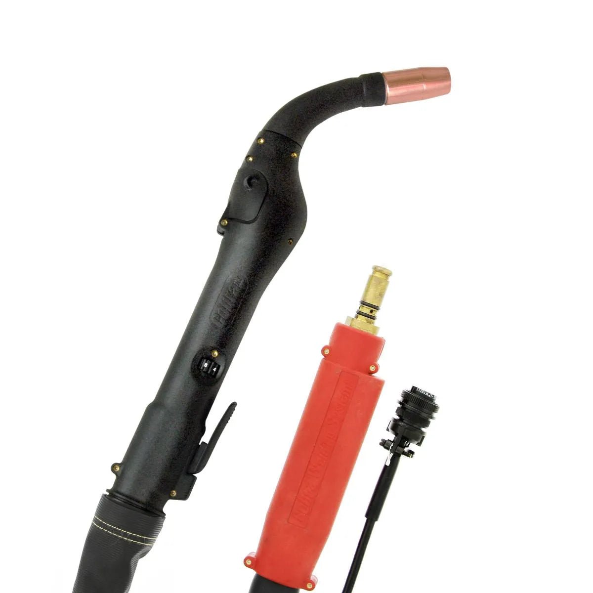 MK Products Cobra MX-HD Push-Pull Welding Gun, 35ft air-cooled, 200A, 7-pin, for Lincoln, black handle, copper tip, red connector.