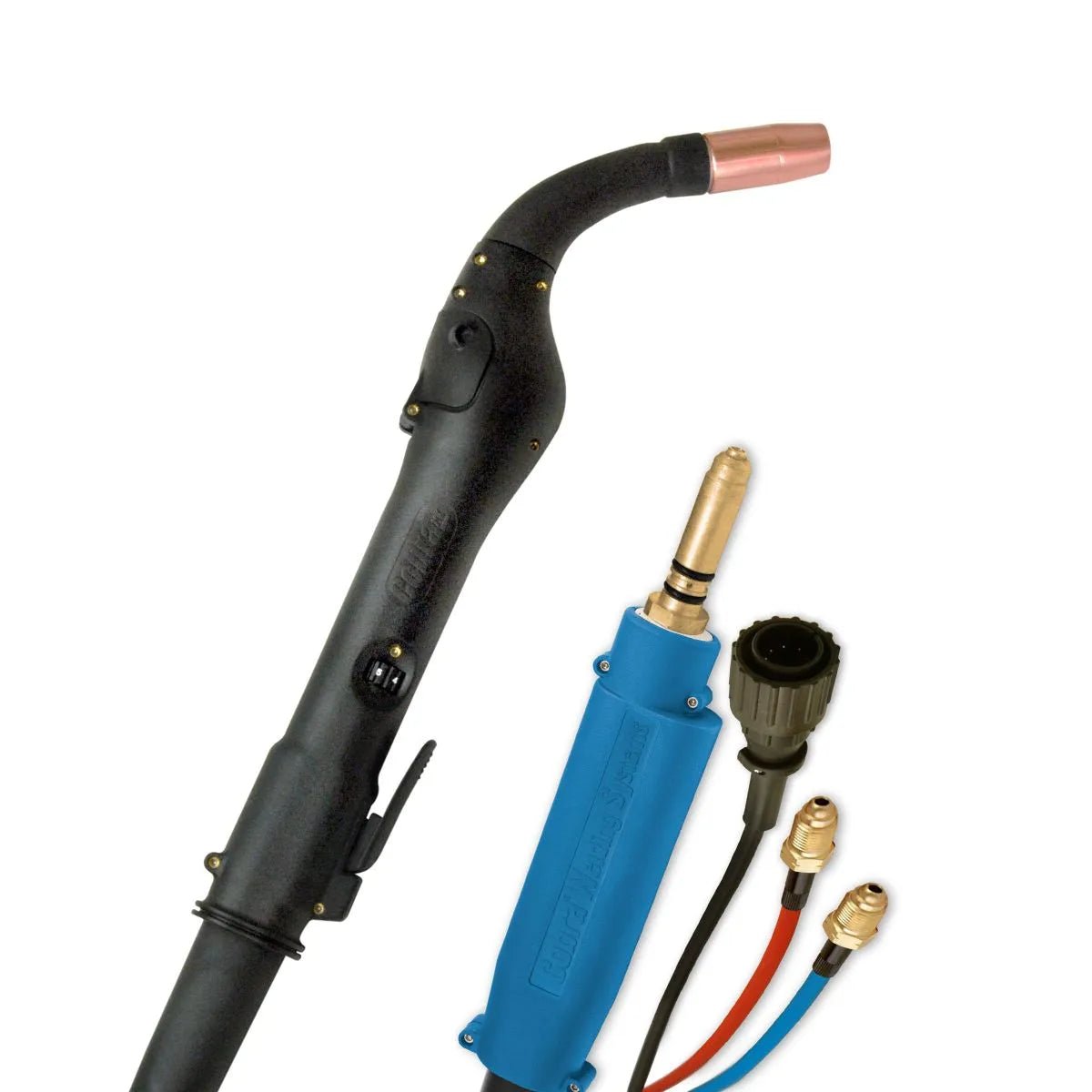 MK Cobra MX-HD Miller Compatible Push-Pull Welding Gun, 35FT, 250A, water-cooled, curved handle, copper nozzle, 10-pin plug.