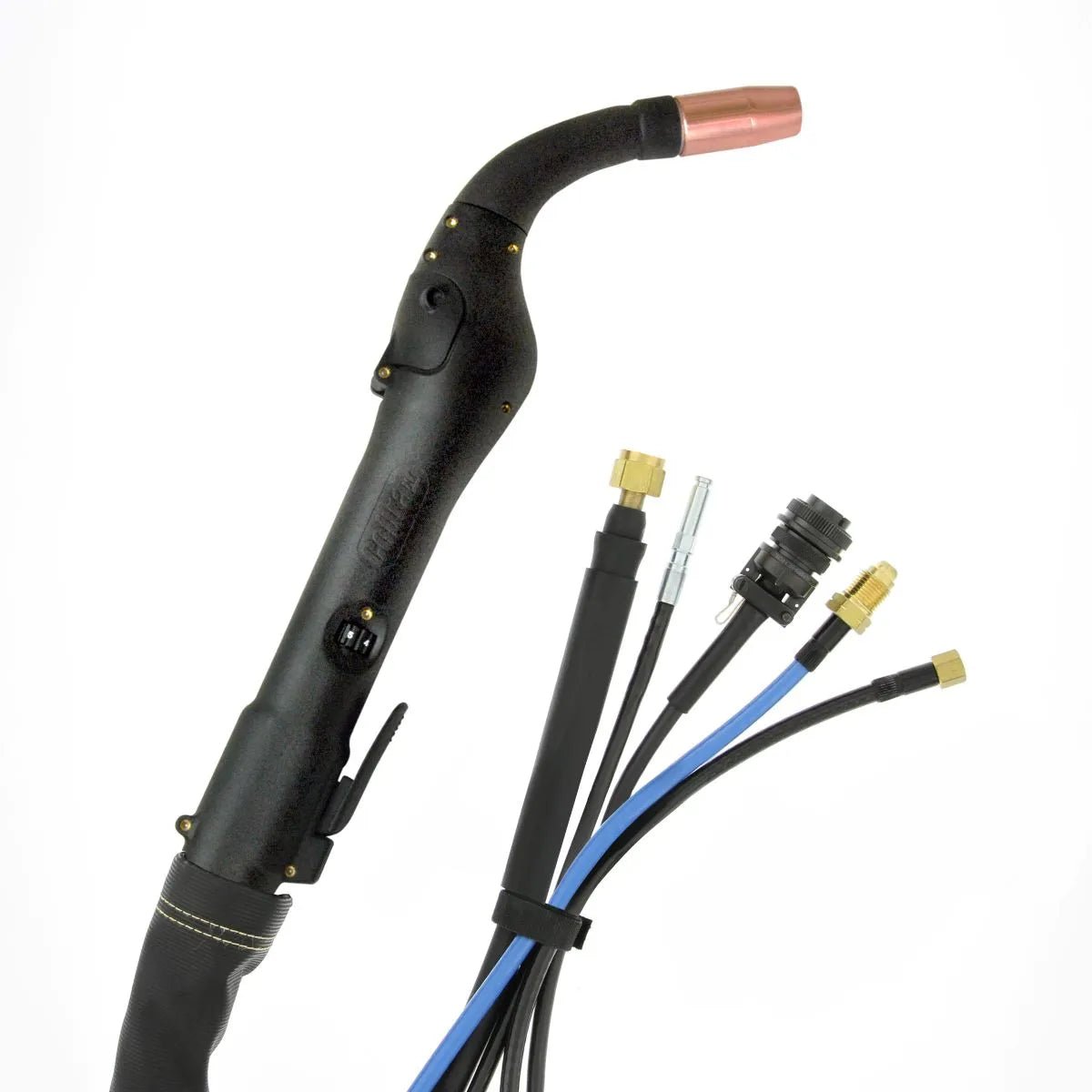 MK Cobra MX-HD Push-Pull 35ft water-cooled 250A welding torch, 7-pin, curved black handle, copper tip, cables—WeldingMart.