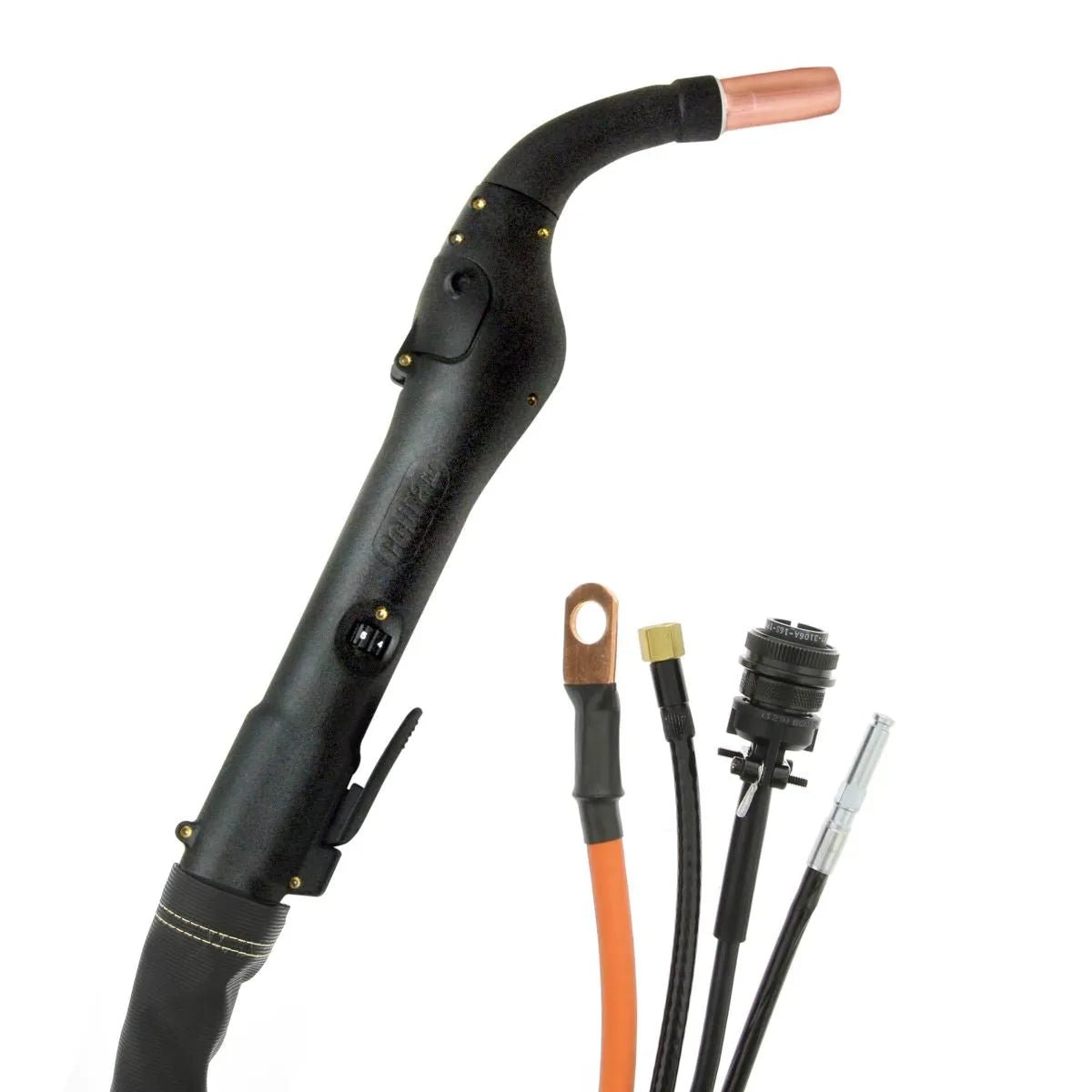 MK Cobra MX Push-Pull Gun 50ft Water-Cooled 225A 7-Pin, black handle, copper nozzle, cables—welding accessory on white.