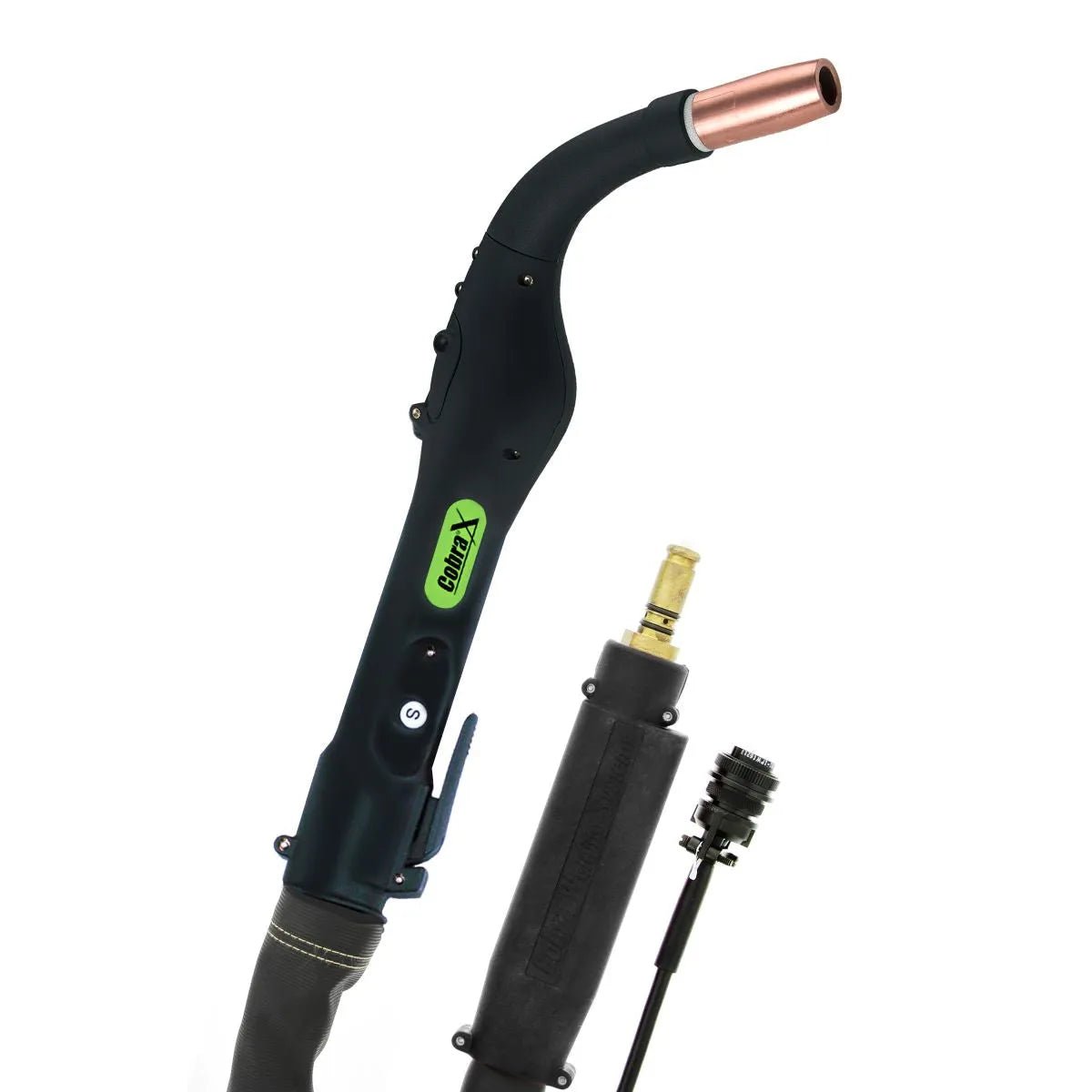 MK Products Cobra X 14-Pin Air-Cooled Welding Gun 15ft, 175A, 343-815—black/green, copper tip, handle, accessory on white.