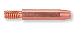 A close-up of the MK Products Contact Tip 1/4 X .031ID Spray Arc (25pc Pkg, 621-0057-25) shows its threaded left end and smooth, tapered right end, designed for use in MIG and spray arc welding torches.