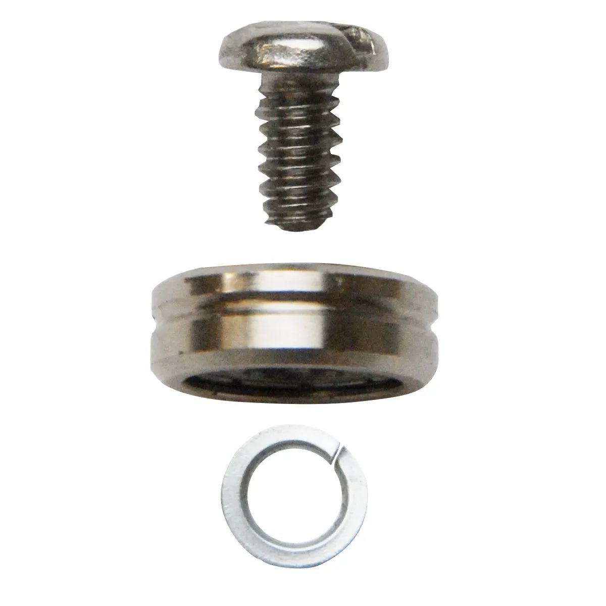A close-up shows three metal parts from the MK Products Idler Roll Kit - 005-0686 stacked vertically: a slotted screw on top, a cylindrical threaded insert in the middle, and a split lock washer at the bottom, all on a white background.