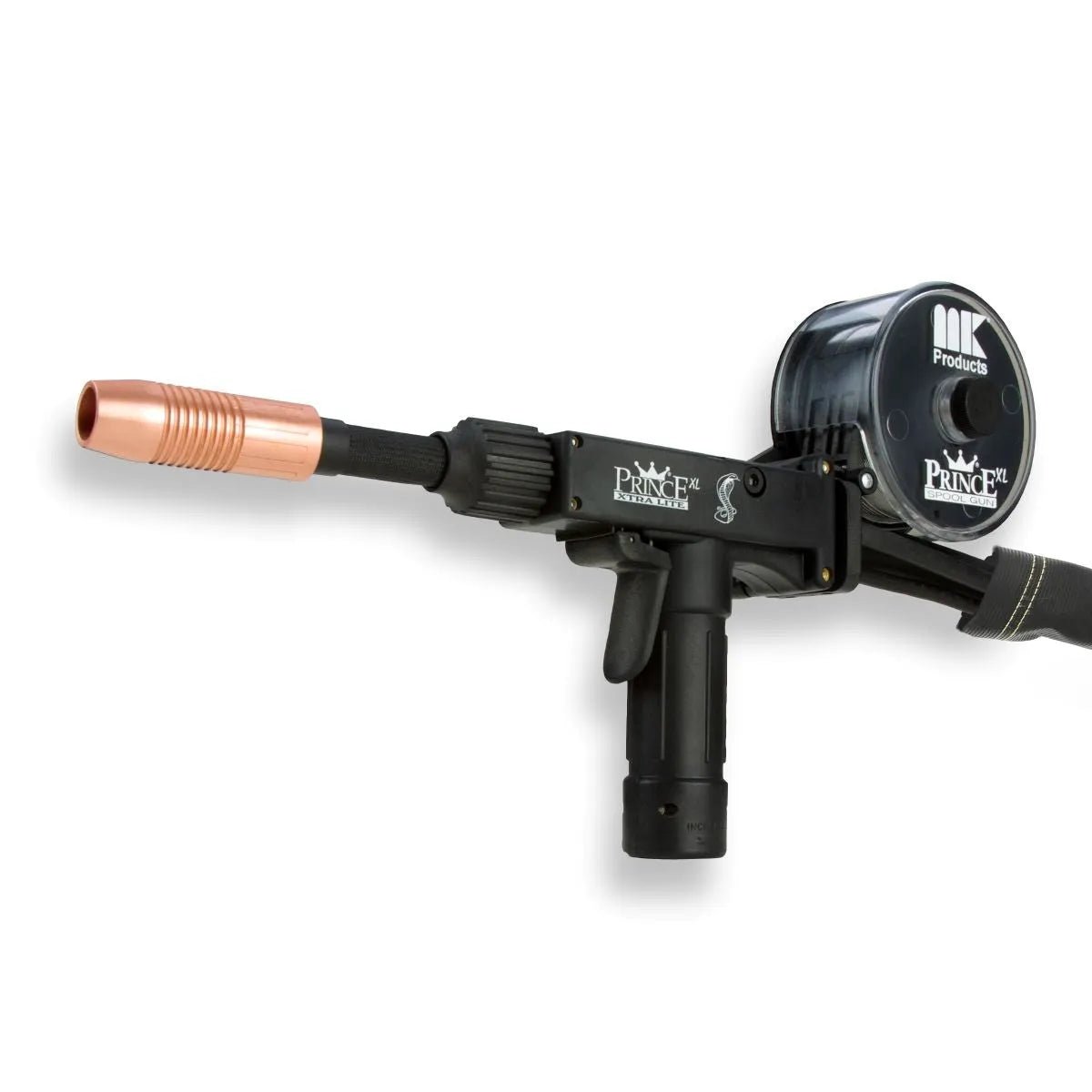MK Products Prince XL Air-Cooled Spool Gun, 225A, 50 ft, 7-pin, welding accessory with pistol grip, copper nozzle, black handle.