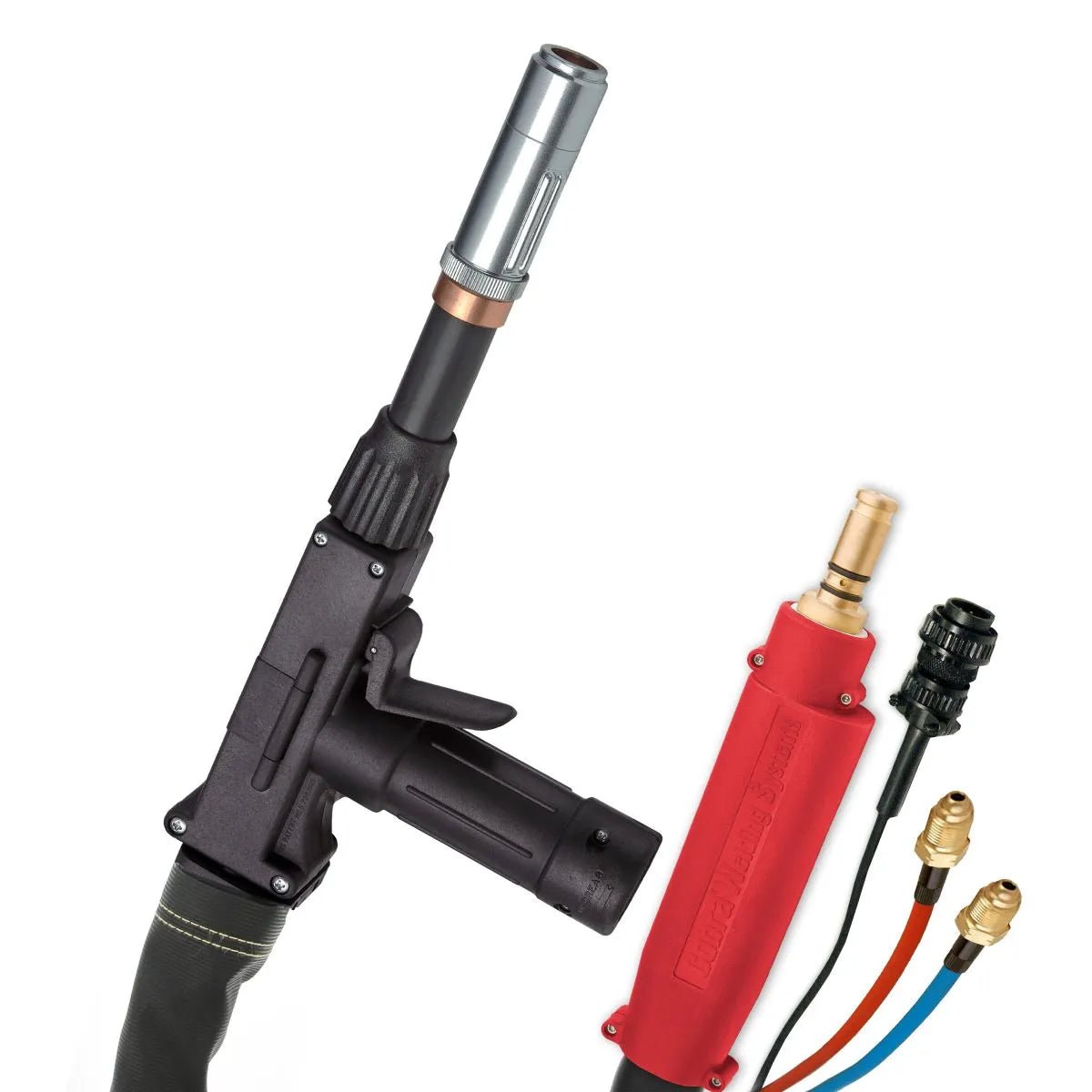 MK Products Prince XL Lincoln Push-Pull Welding Gun 15FT, 400A, Water-Cooled, with hoses and red control unit on white background.