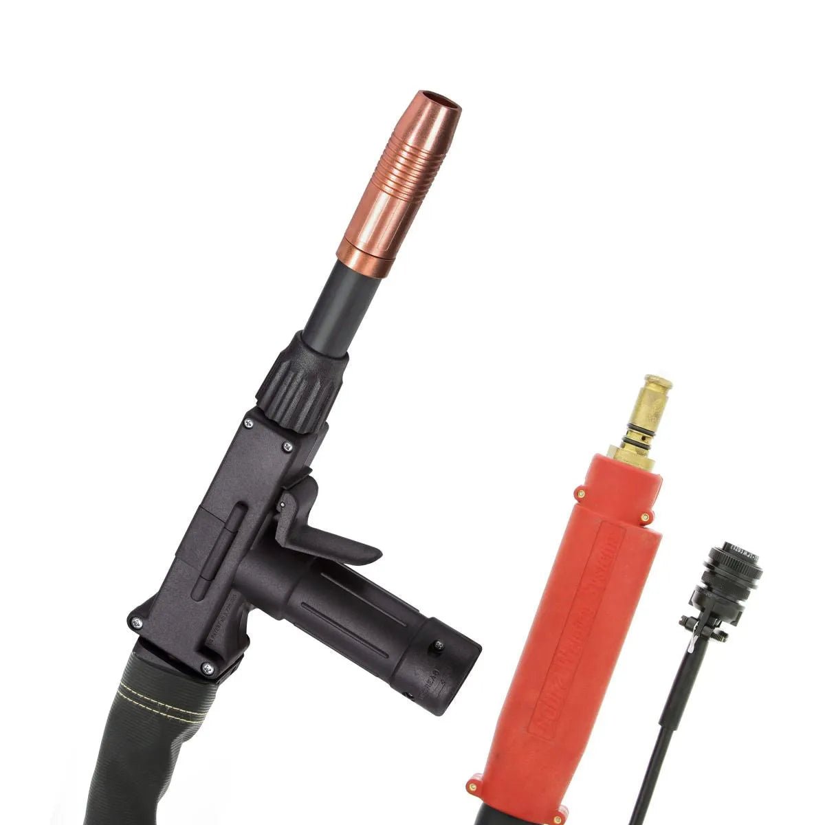 Three types of welding torches, including an air-cooled 225A model, with black, red, and black handles with a brass tip are shown upright against a plain white background.