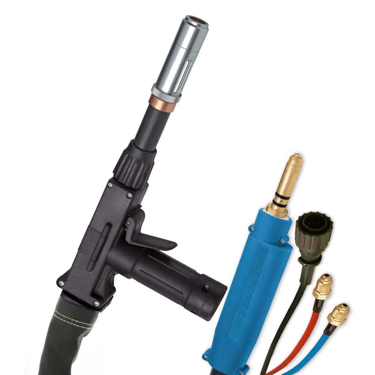 MK Products Prince XL Push-Pull Gun 35FT 400A Water-Cooled Miller Compatible, cables, connectors, welding tool on white.