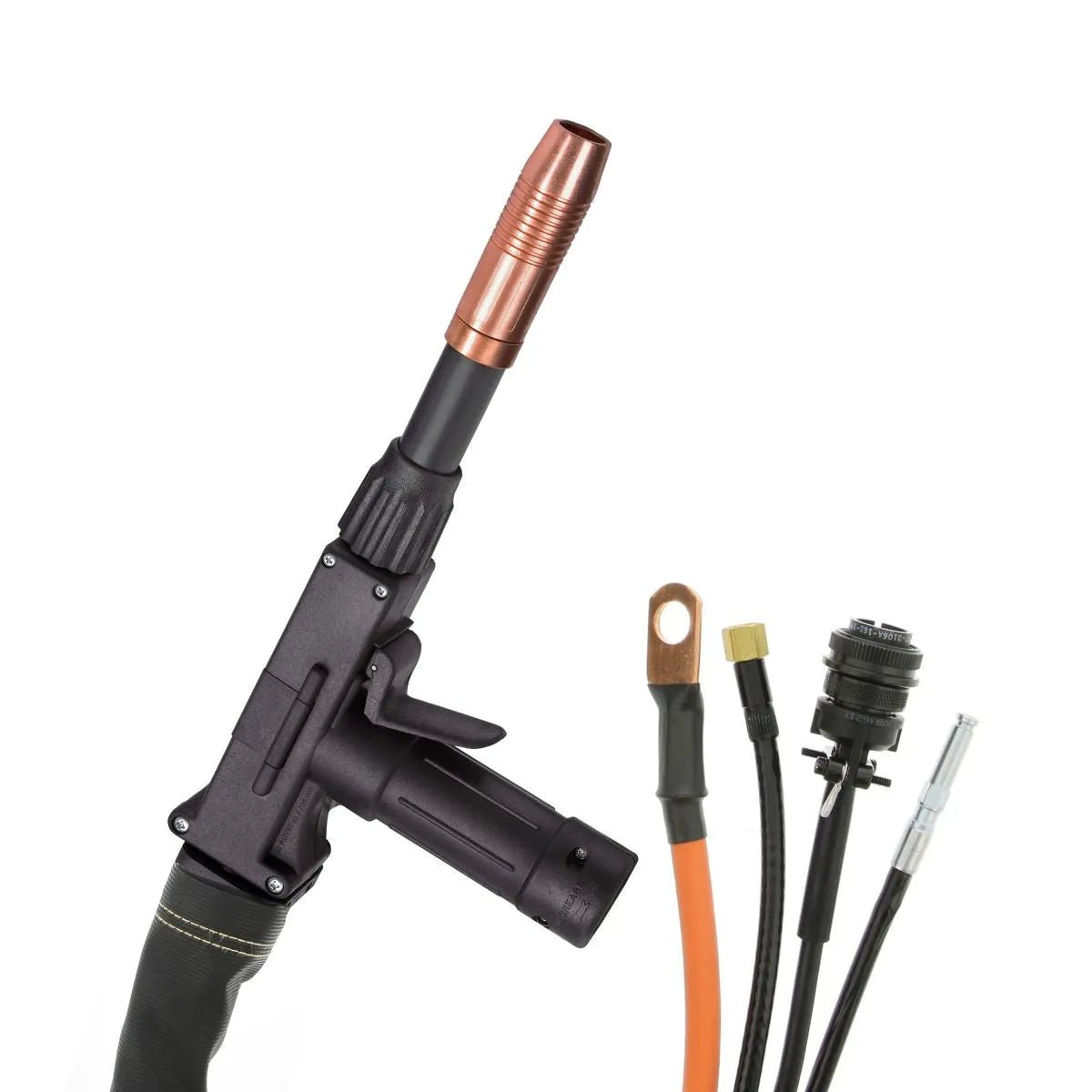 MK Products Prince XL Push-Pull Gun 15FT 225A, welding torch with copper nozzle, black handle, four cables, on white background.
