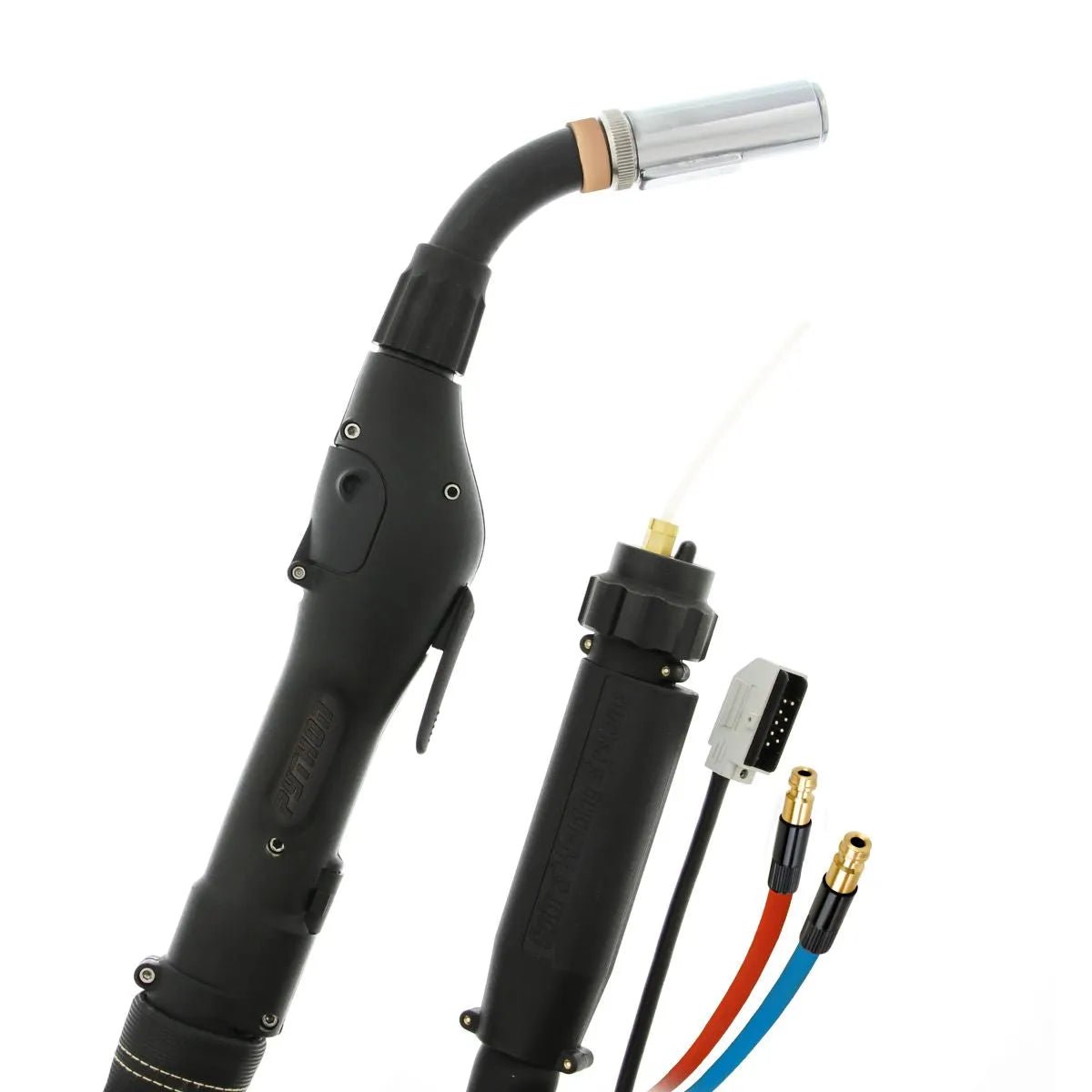Mk Products Python Fronius 9-Pin water-cooled push-pull welding gun, 25 ft, 400A, with black neck and colored cable connectors.