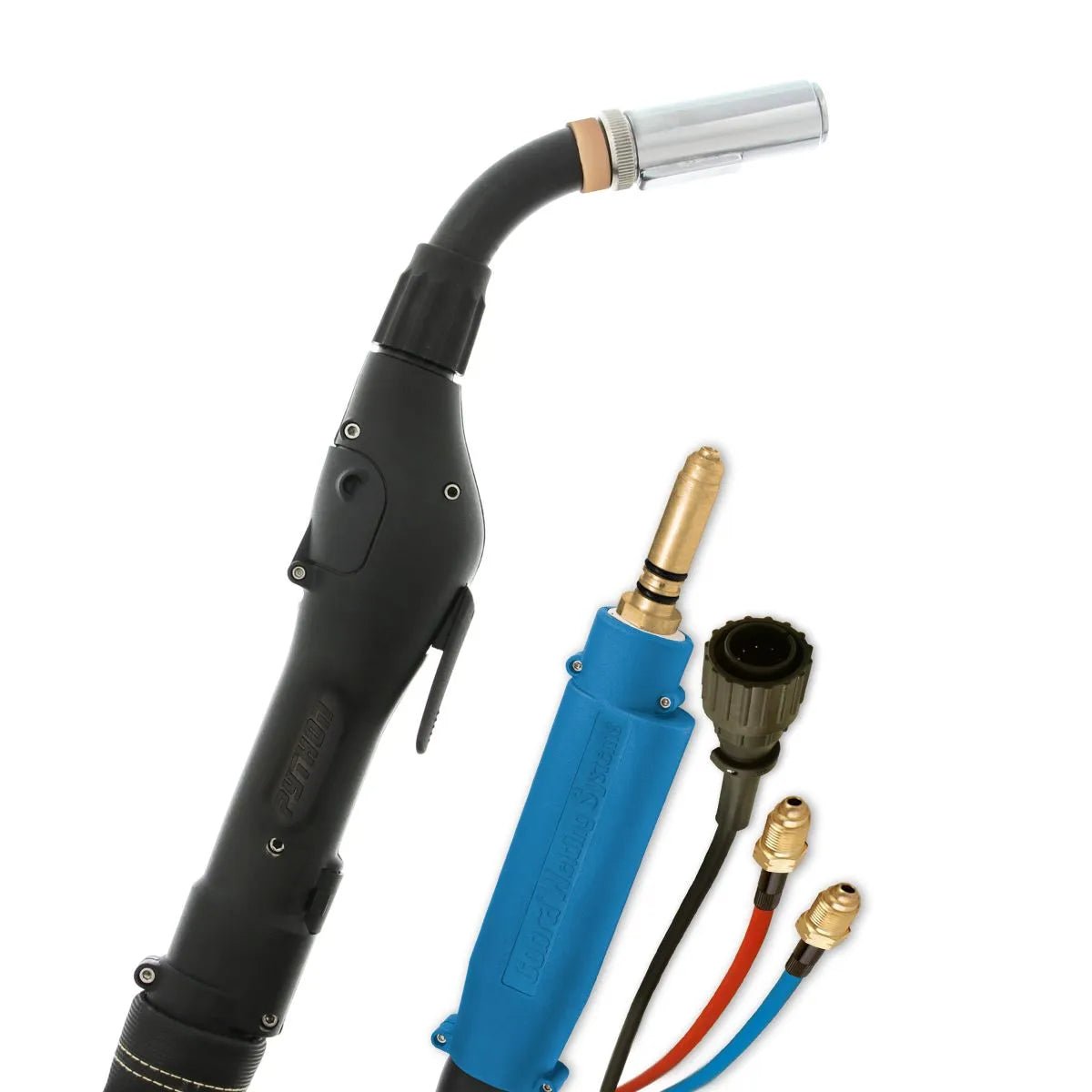 MK Python Miller Push-Pull Gun 400A, 50ft, water-cooled; black handle, curved neck, blue connector, color-coded welding cables.