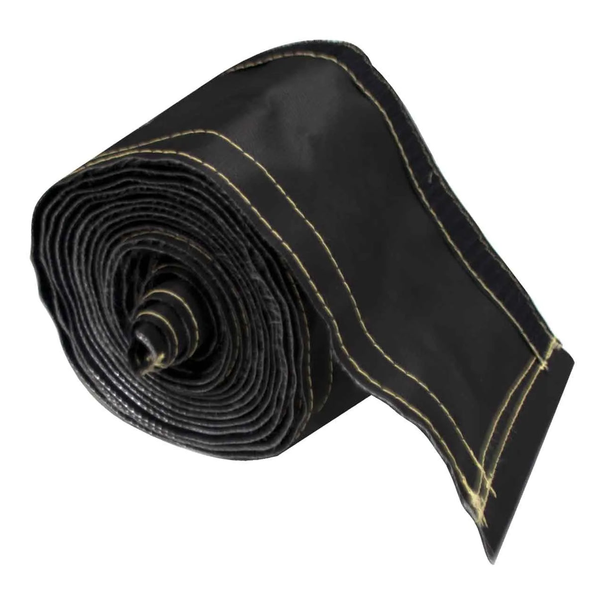 A coiled black fire hose with visible yellow stitching along the edges, resembling a snake skin cable cover, rolled neatly into a spiral.