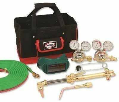 MODEL 8525-300 STANDARD KIT - 4403227 welding tools: tool bag, hose, safety goggles, regulators, torch handles on white background.
