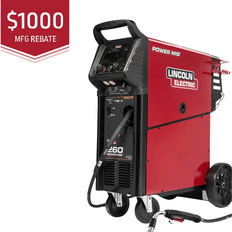 Lincoln Electric Power MIG 260 Welder K3520-1, red/black, with cables, wheels, control panel. $1000 rebate. MIG/Flux-Cored tool.