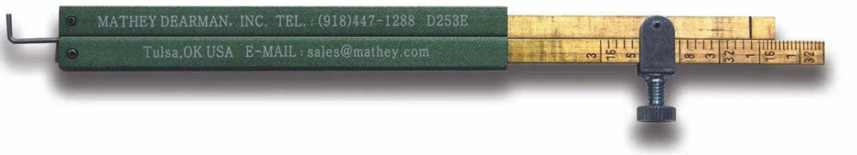 Mathey Dearman D253E Fit-Up Q.C. Welder's Gauge—green welding tool with hook, yellow ruler, screw clamp for pipe measurement.