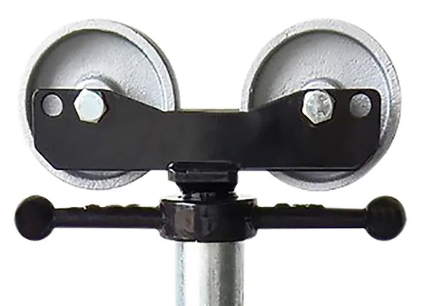 Close-up of the Mathey Dearman Roller Head w/ Steel Wheels 32-48 (model 3905), featuring two side-by-side steel wheels on a black bracket with a central metallic shaft and horizontal black handles, against a plain white background.