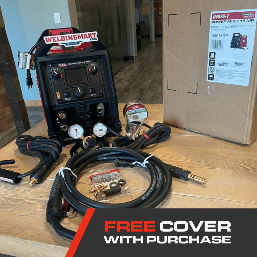 Lincoln Power MIG 215 MPi Welder with cables, accessories, box, and free cover offer—essential welding tool at WeldingMart.