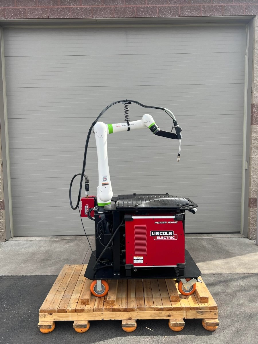 Lincoln Cooper CRX-10iA/L Air-Cooled Welding Cobot Cart with Power Wave, robotic arm & tools on black cart, WeldingMart equipment.