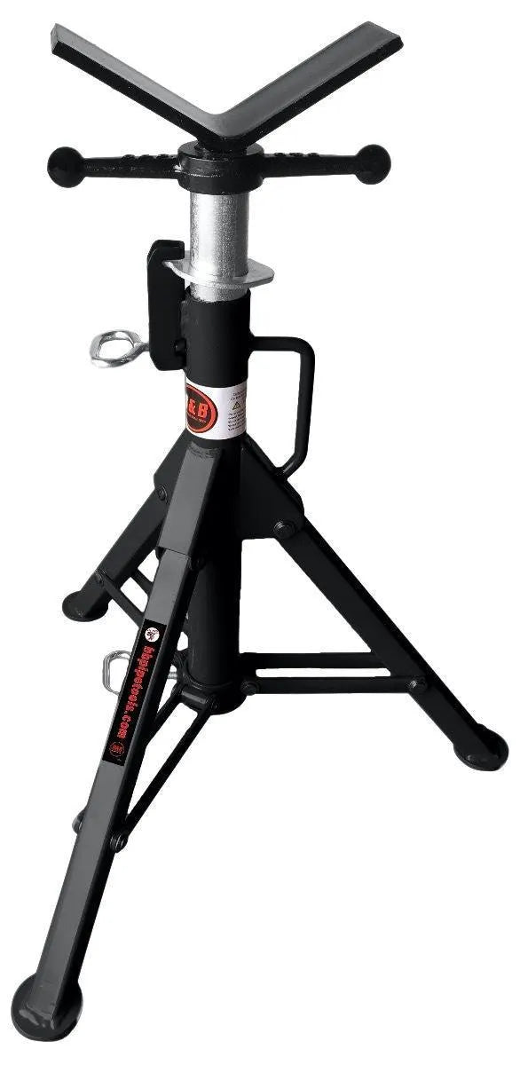 The Mathey Dearman V-Head Folding Pipe Jack - 3900 is a black, adjustable stand with a V-shaped top, crank handles, locking pin, and reinforced legs—ideal for holding or aligning heavy pipes during pipeline construction.