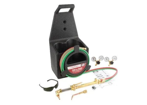 The VMD 601 Oxygen Acetylene Port-A-Torch Kit (4403215, CGA 540/200) is shown with a black case, green and red hoses, welding torch, three gauges, safety goggles, two welding tips, and manual arranged on a white background. No cylinders included.