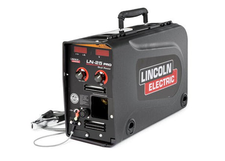 Lincoln LN-25 PRO DUAL POWER EURO K2614-8 wire feeder for welders, with controls and durable cables, shown on white background.
